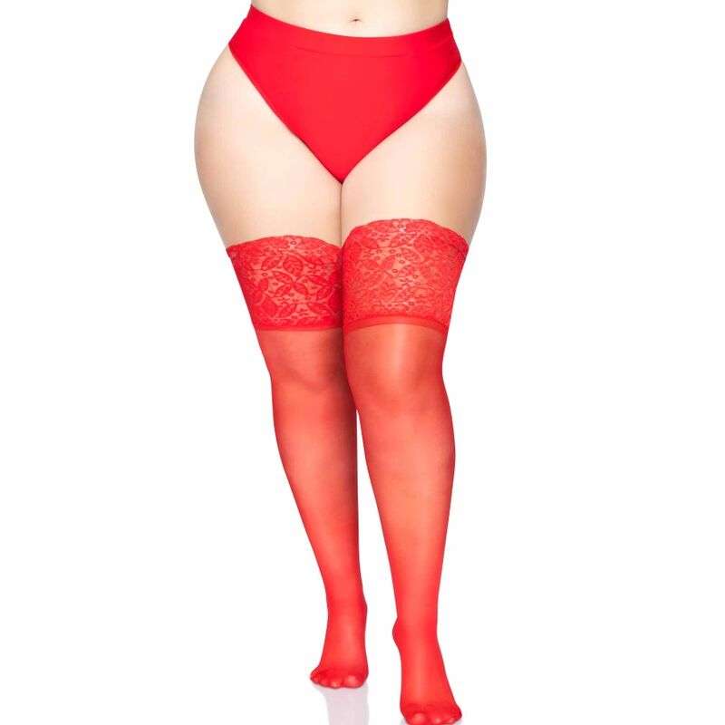 LEG AVENUE MEDIAS ROJAS AUTOADHESIVAS CON ENCAJE ANCHO PLUS SIZE