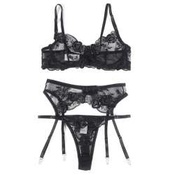 SUBBLIME SET DE 3 PIEZAS SUJETADOR TANGA LIGA ESTAMPADO FLORAL NEGRO S M