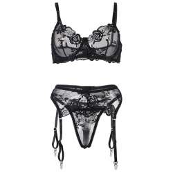 SUBBLIME SET DE 3 PIEZAS SUJETADOR TANGA LIGA ESTAMPADO FLORAL NEGRO S M