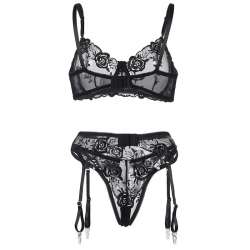 SUBBLIME SET DE 3 PIEZAS SUJETADOR TANGA LIGA ESTAMPADO FLORAL NEGRO S M