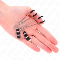 KINK PINZAS PARA PEZONES PLATEADA FINA CON TRIPLE BOLA DE VIDRIO NEGRO 7 CM